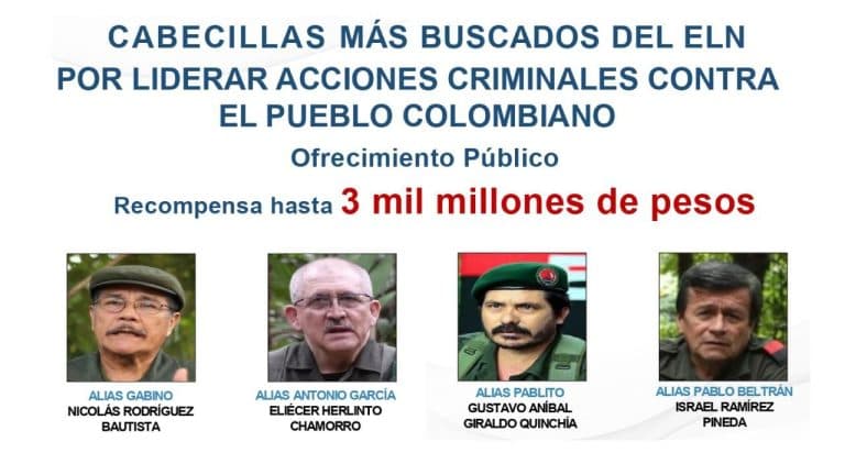 Recompensa de $3 mil millones por los cabecillas del ELN