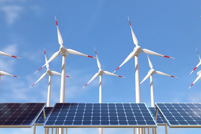 Solar panels and wind turbines, Green energy concept