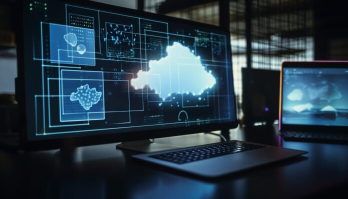 Glowing blue office desk with modern technology generated by AI